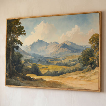 Rolling Hills and Mountain Horizon Canvas Wall Art shown in white oak floating frame