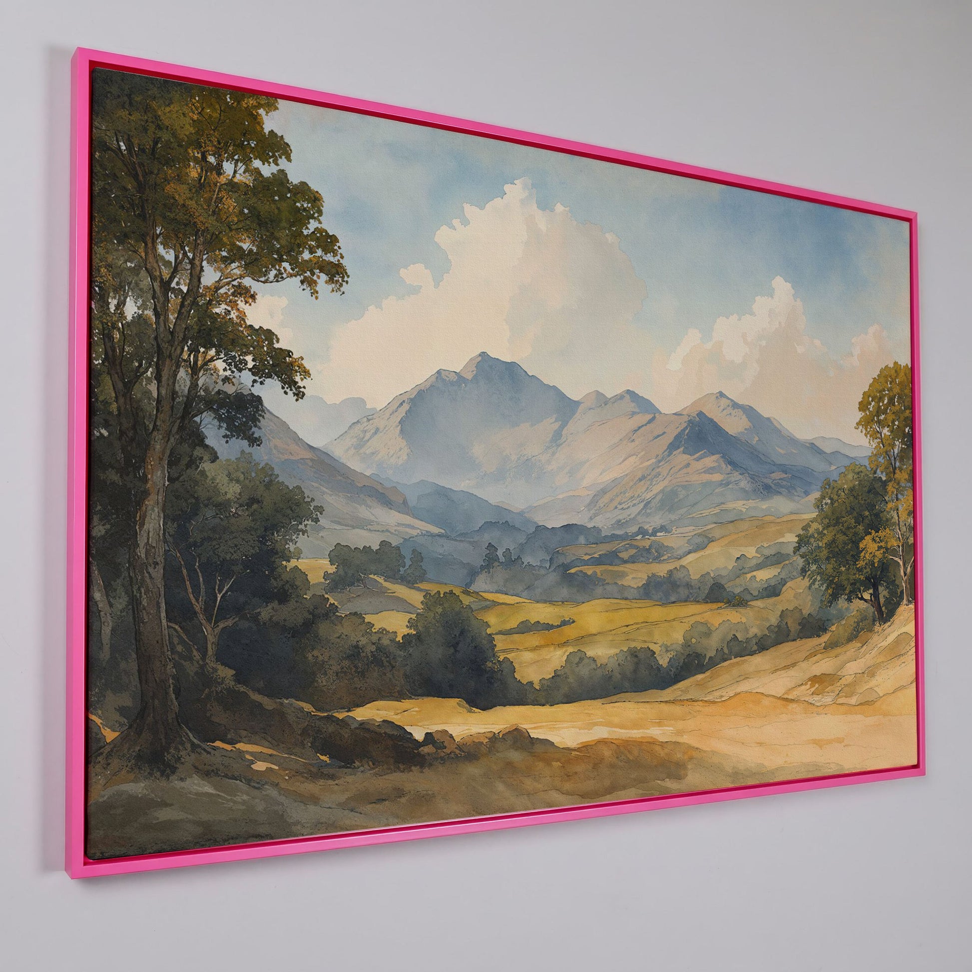 Rolling Hills and Mountain Horizon Canvas Wall Art in pink floating frame