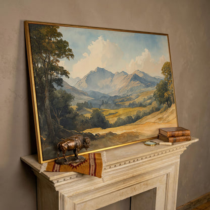 Rolling Hills and Mountain Horizon Canvas Wall Art in rose gold floating frame