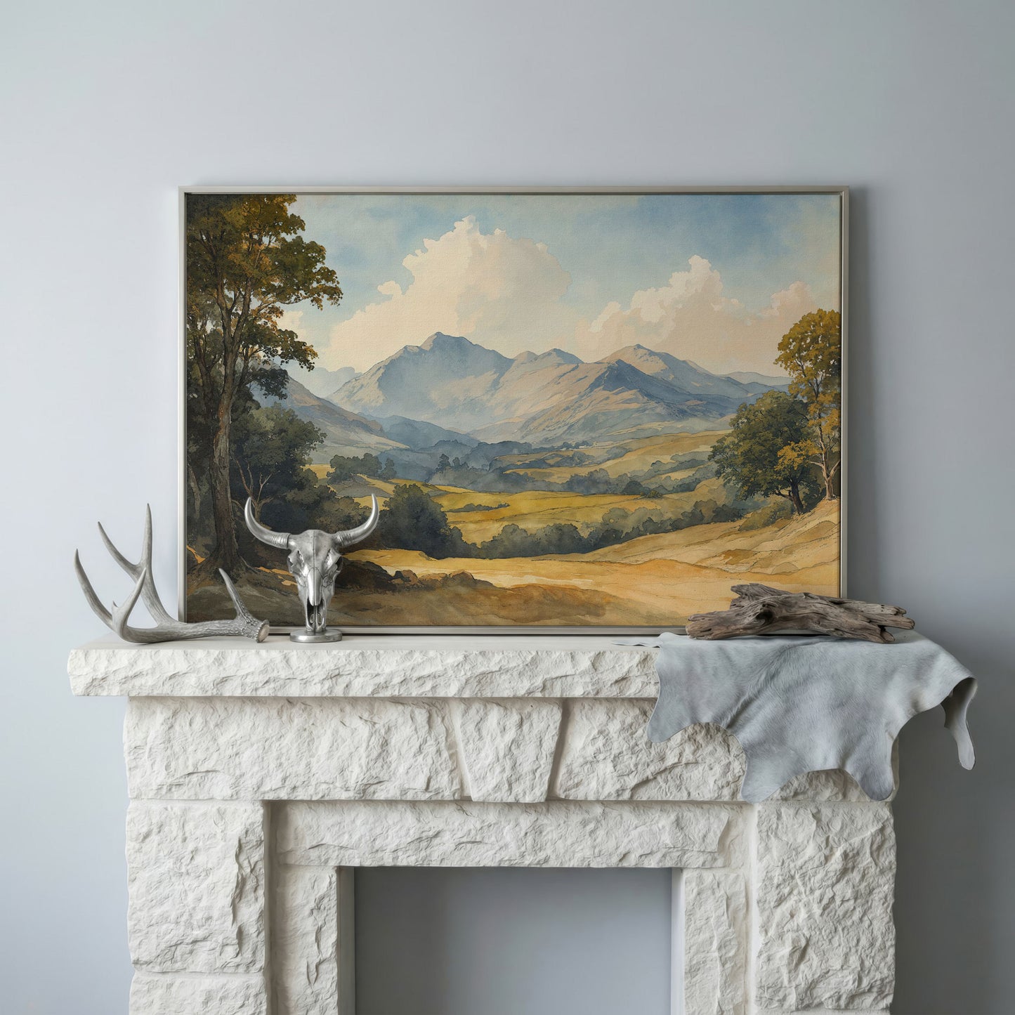 Rolling Hills and Mountain Horizon Canvas Wall Art in silver floating frame