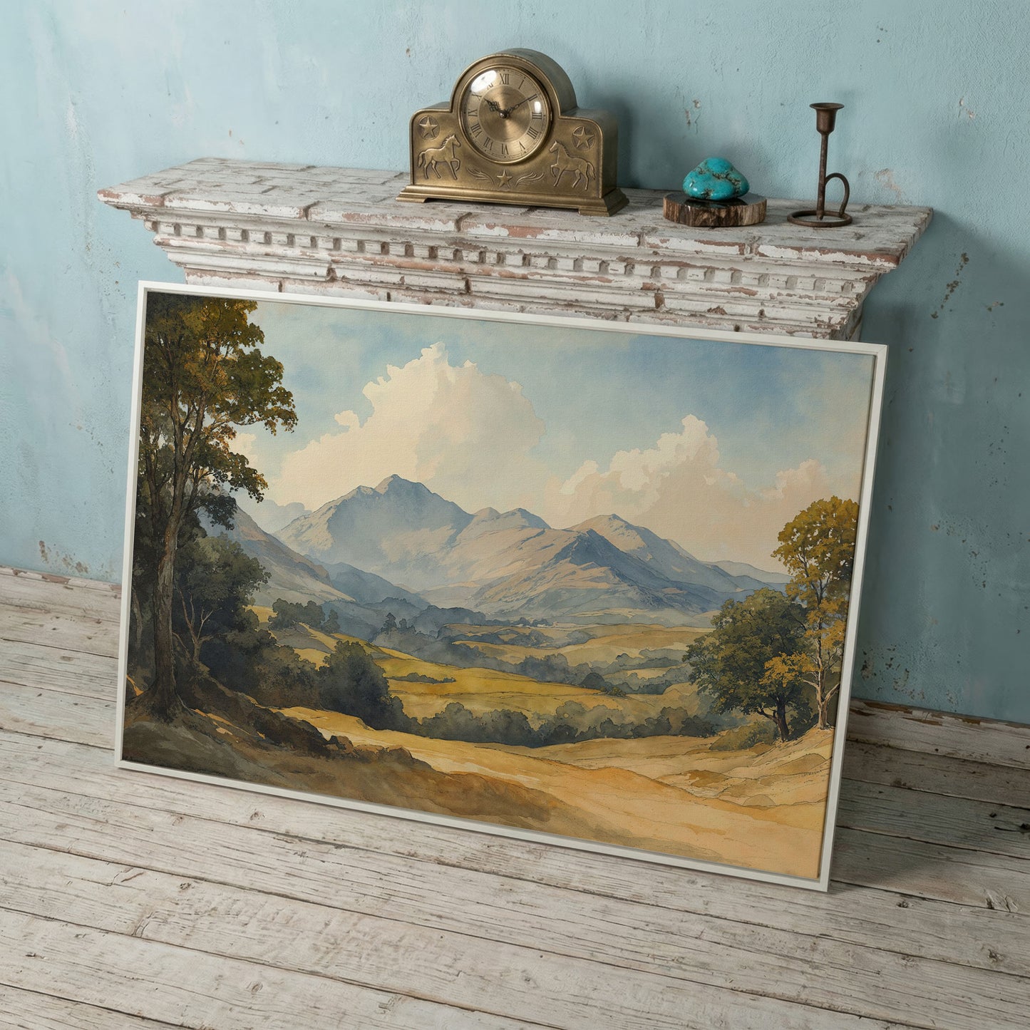 Rolling Hills and Mountain Horizon Canvas Wall Art in white floating frame