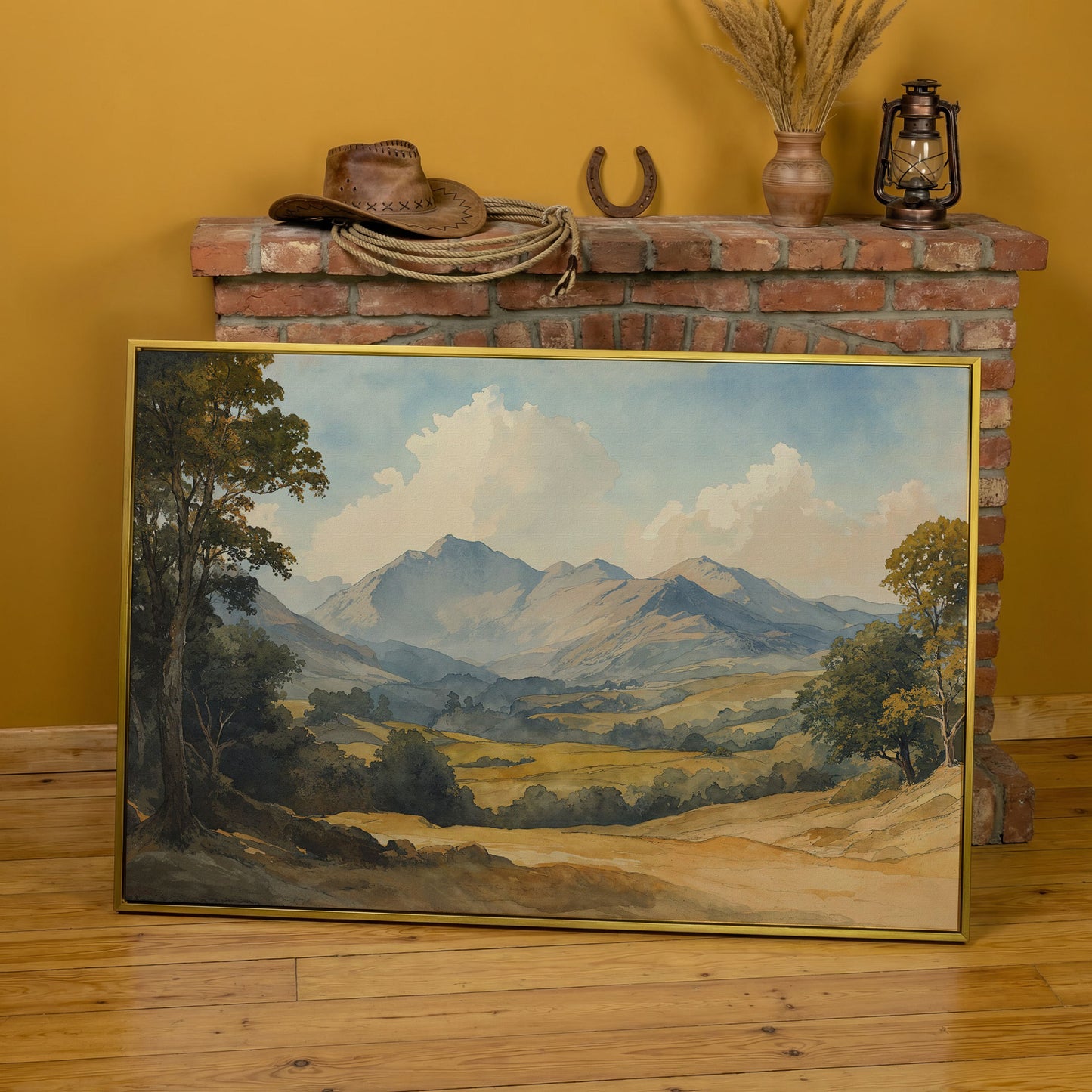 Rolling Hills and Mountain Horizon Canvas Wall Art in yellow gold floating frame