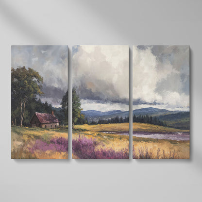 Rustic Cabin by the Lake Canvas Wall Art, Dramatic Cloud Sky as 3-panel split version