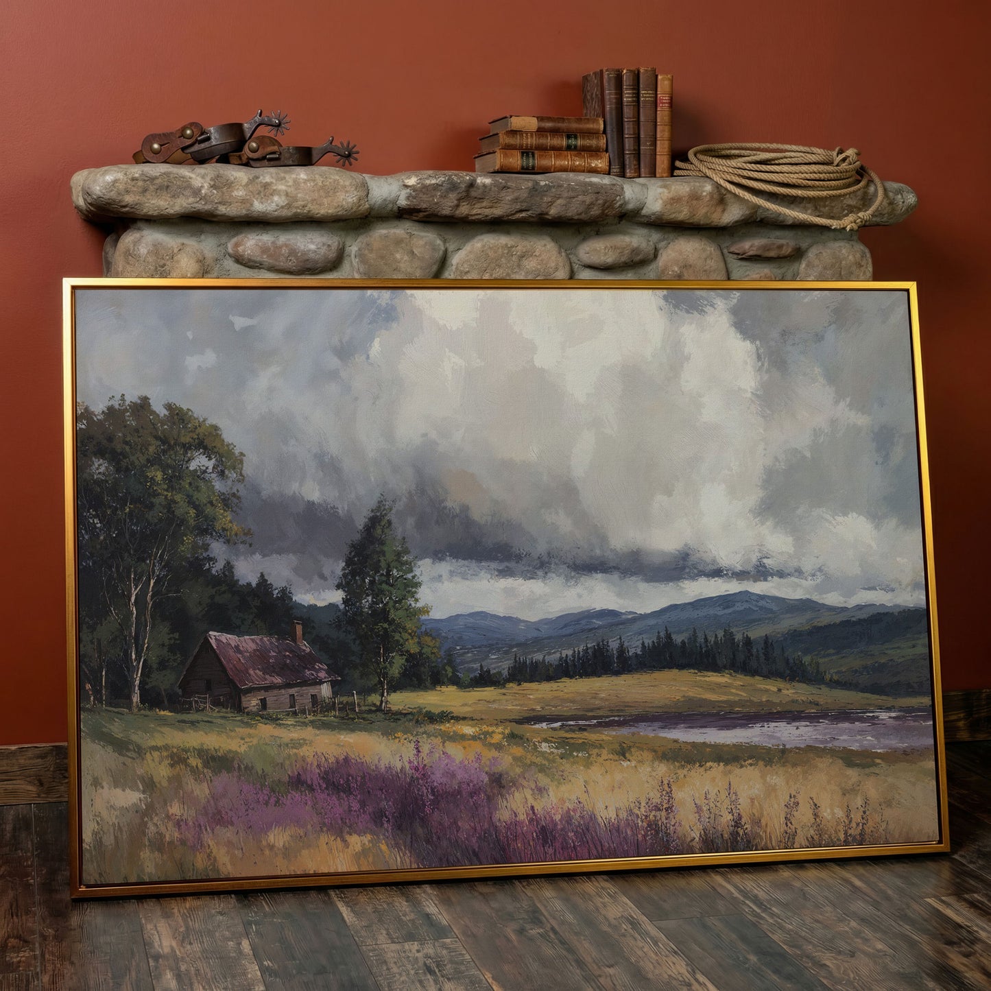 Rustic Cabin by the Lake Canvas Wall Art, Dramatic Cloud Sky in antique gold floating frame