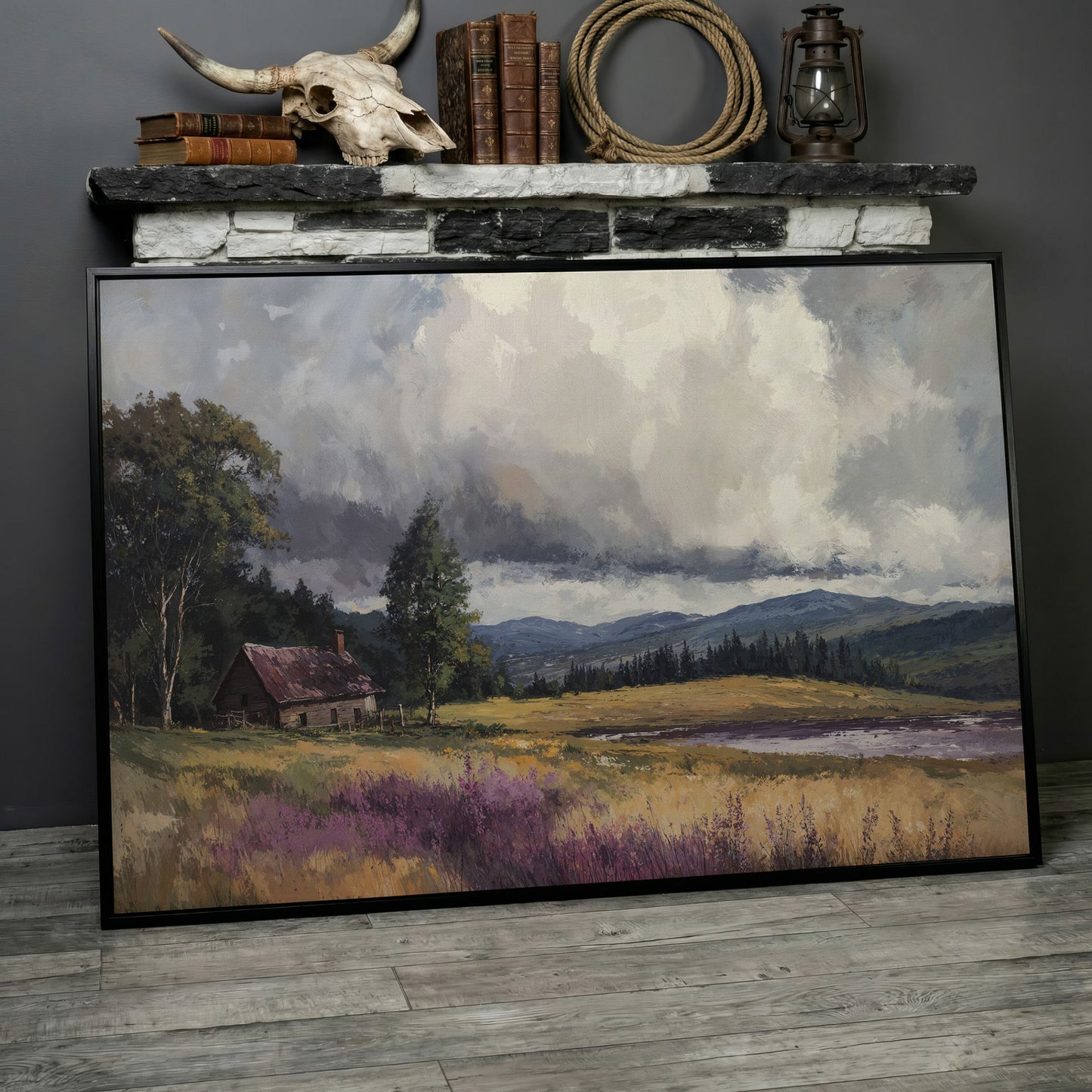 Rustic Cabin by the Lake Canvas Wall Art, Dramatic Cloud Sky in black floating frame