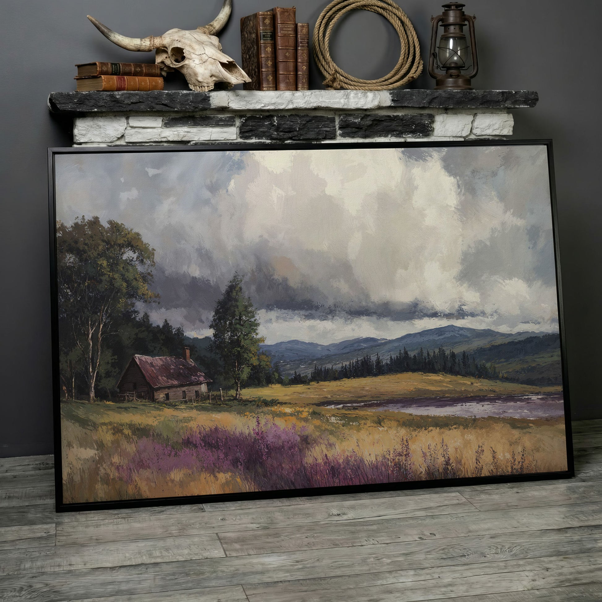 Rustic Cabin by the Lake Canvas Wall Art, Dramatic Cloud Sky in black floating frame