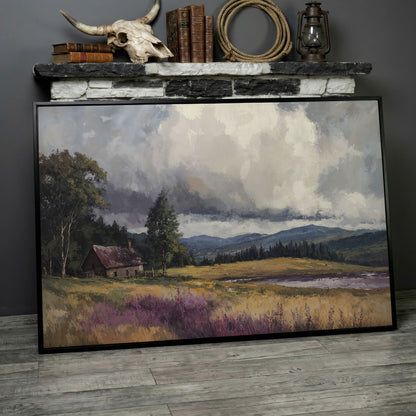 Rustic Cabin by the Lake Canvas Wall Art, Dramatic Cloud Sky in black floating frame