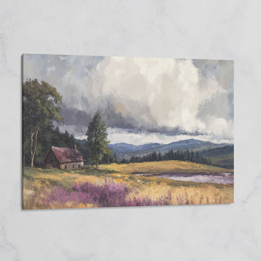 Rustic Cabin by the Lake Canvas Wall Art, Dramatic Cloud Sky on gallery wrap