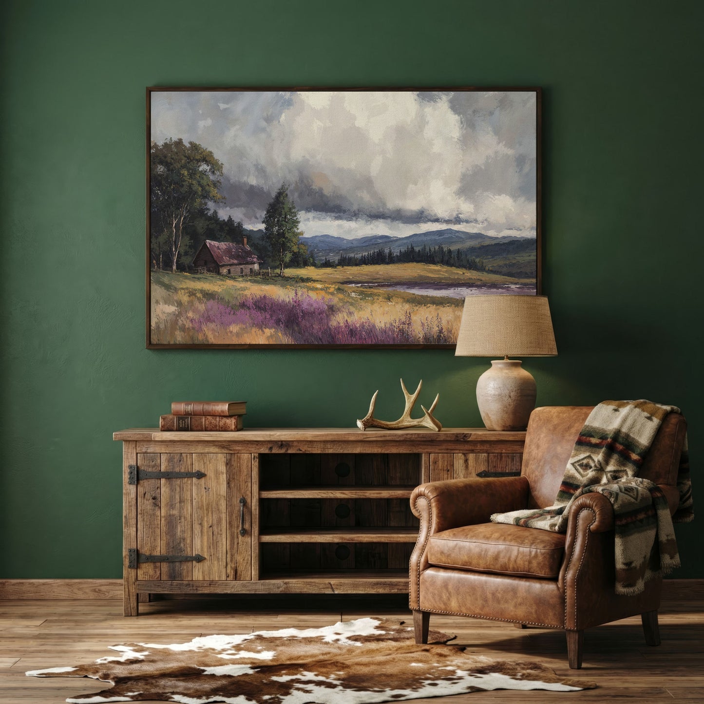 Rustic Cabin by the Lake Canvas Wall Art, Dramatic Cloud Sky in dark walnut floating frame