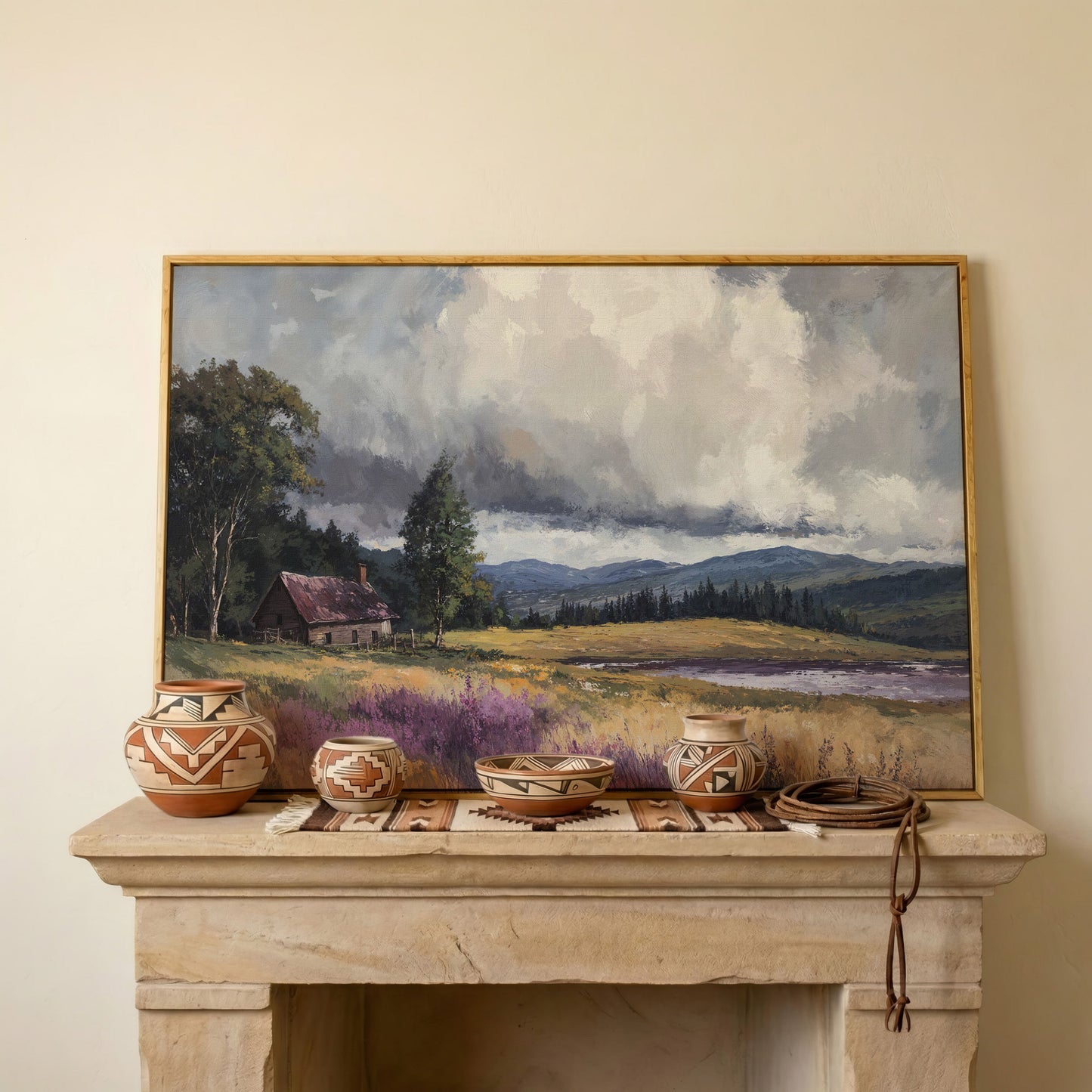 Rustic Cabin by the Lake Canvas Wall Art, Dramatic Cloud Sky in white oak floating frame