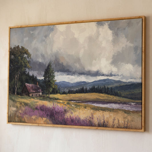 Rustic Cabin by the Lake Canvas Wall Art, Dramatic Cloud Sky shown in white oak floating frame