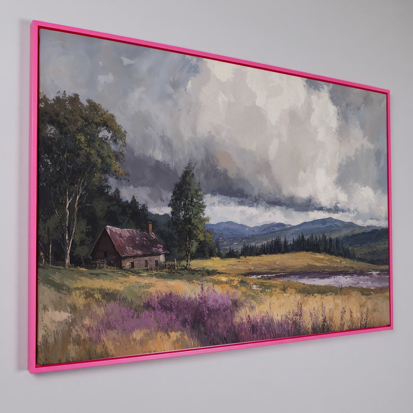 Rustic Cabin by the Lake Canvas Wall Art, Dramatic Cloud Sky in pink floating frame