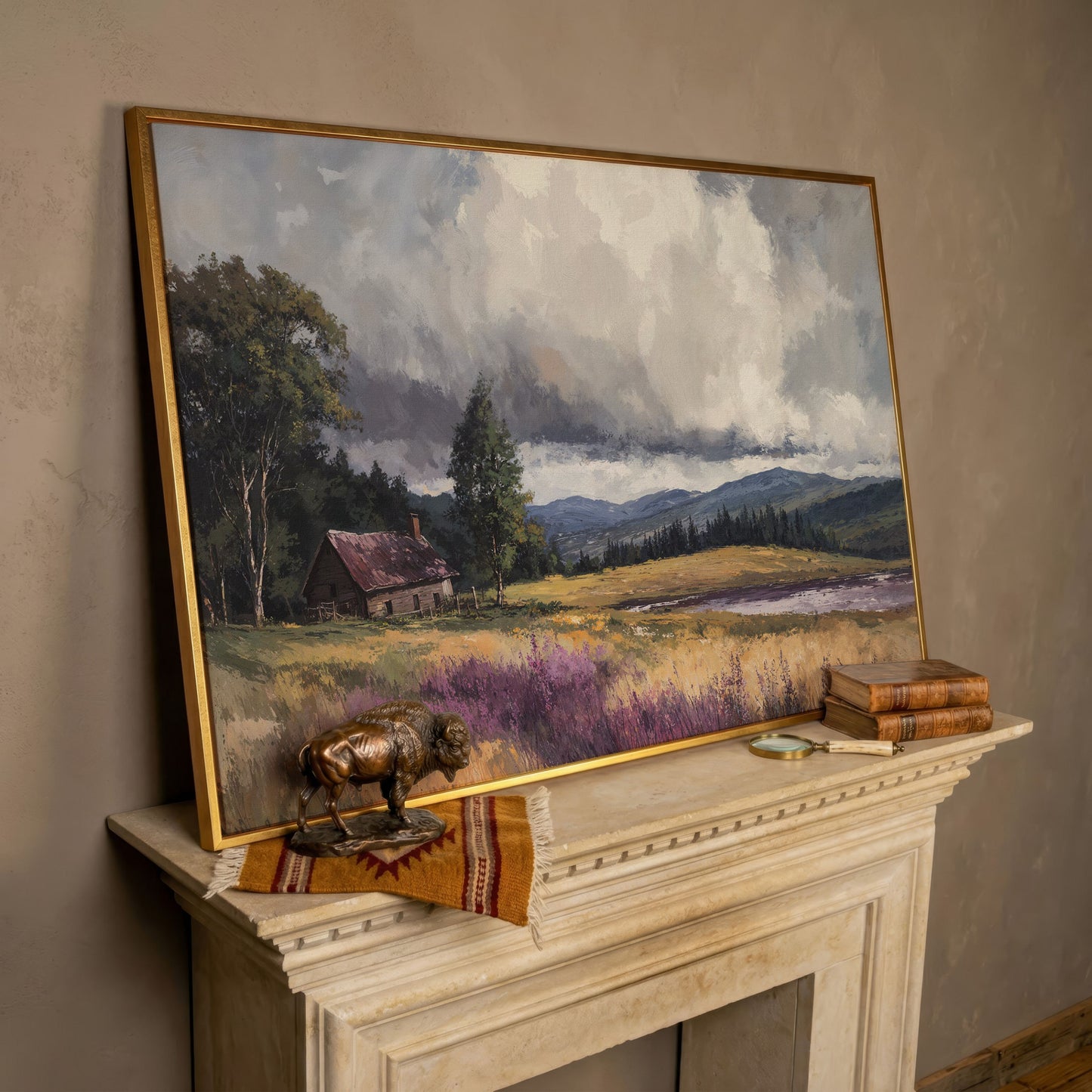 Rustic Cabin by the Lake Canvas Wall Art, Dramatic Cloud Sky in rose gold floating frame