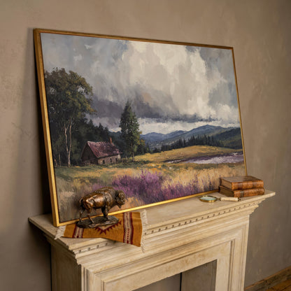 Rustic Cabin by the Lake Canvas Wall Art, Dramatic Cloud Sky in rose gold floating frame