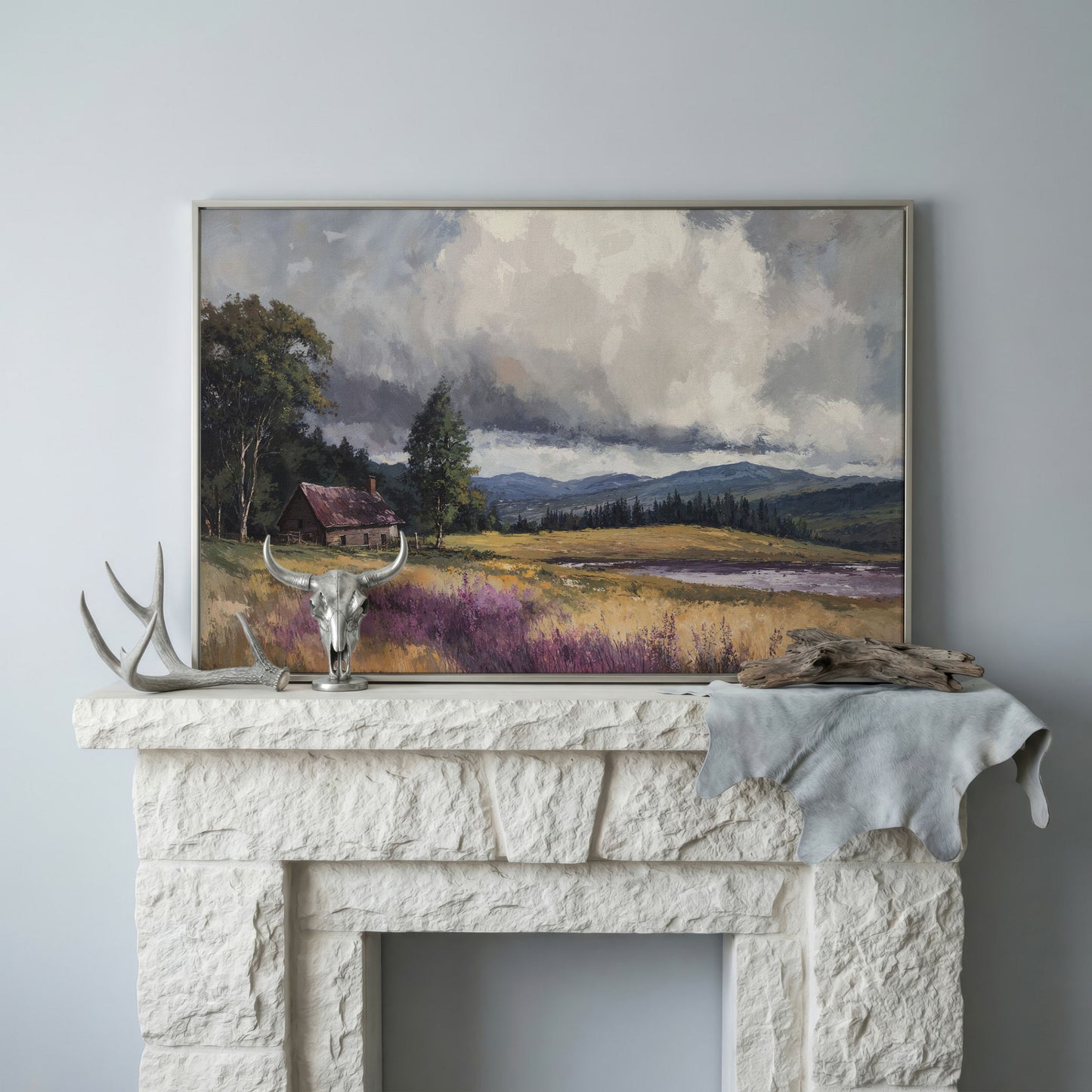 Rustic Cabin by the Lake Canvas Wall Art, Dramatic Cloud Sky in silver floating frame