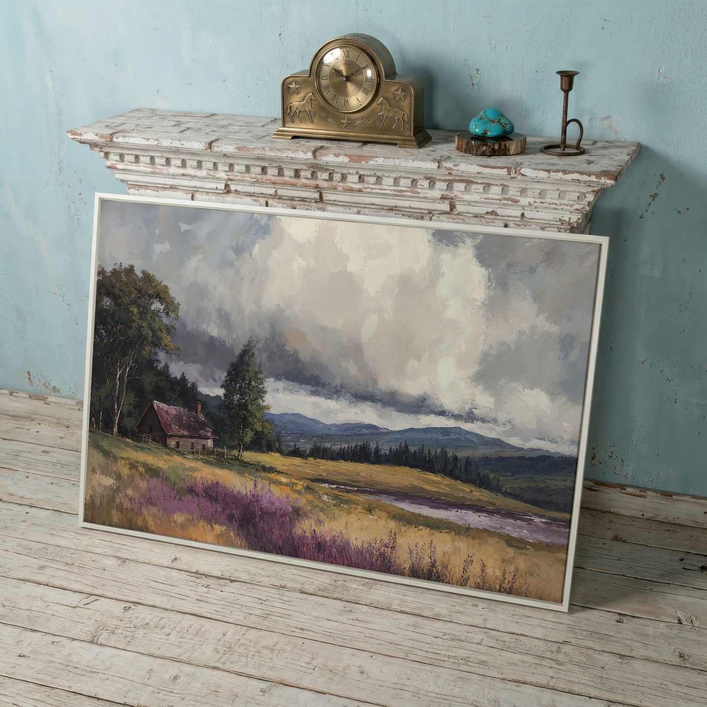 Rustic Cabin by the Lake Canvas Wall Art, Dramatic Cloud Sky in white floating frame
