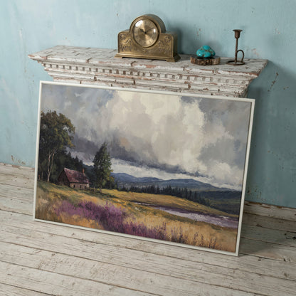 Rustic Cabin by the Lake Canvas Wall Art, Dramatic Cloud Sky in white floating frame
