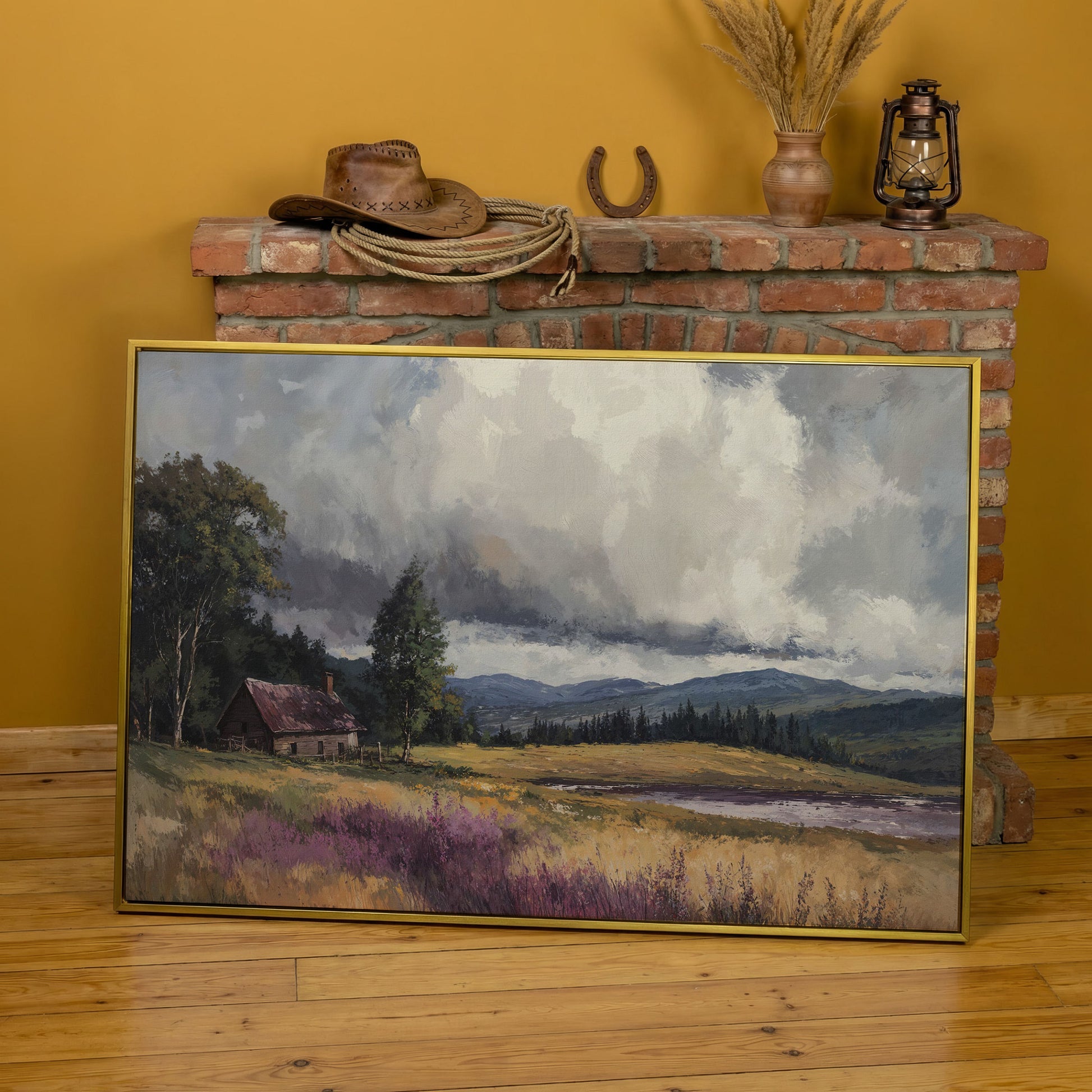 Rustic Cabin by the Lake Canvas Wall Art, Dramatic Cloud Sky in yellow gold floating frame