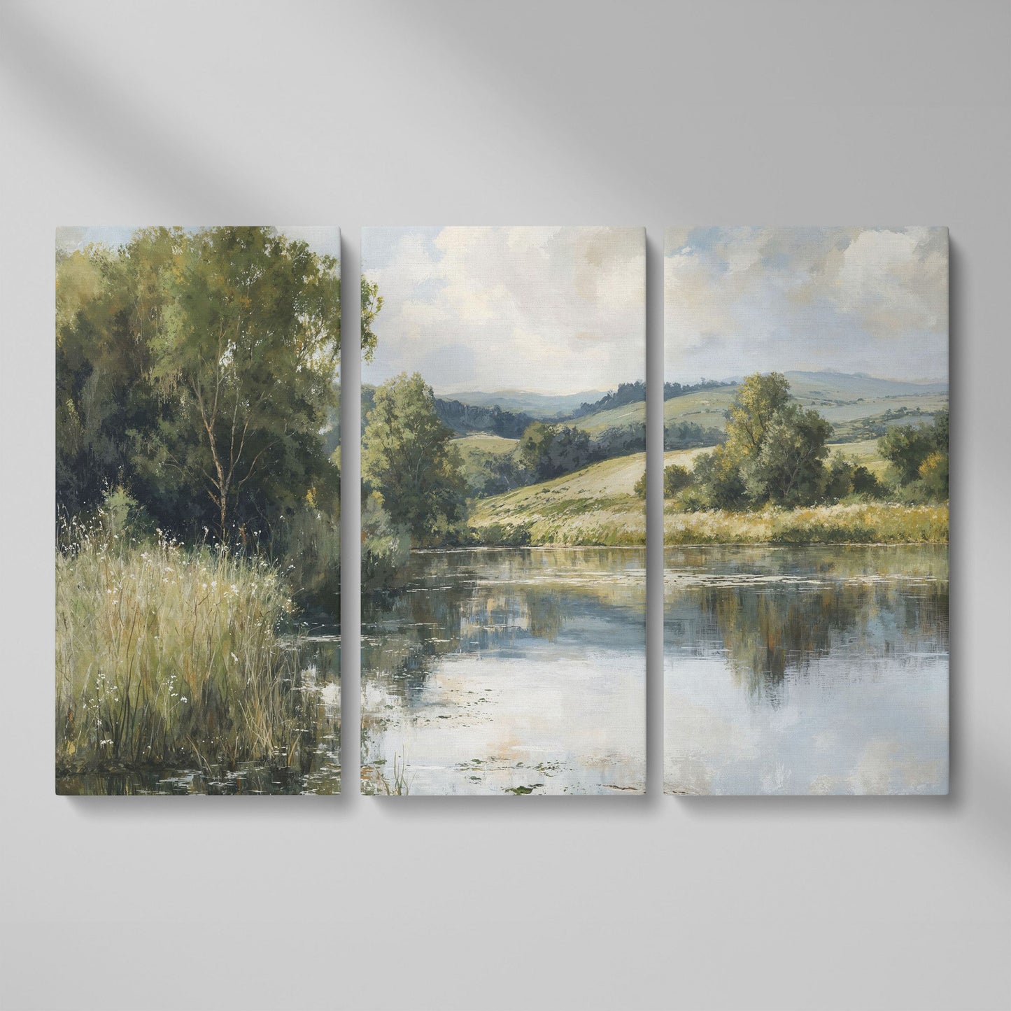 Rolling Hills and Still Water Landscape Canvas Wall Art as 3-panel split version