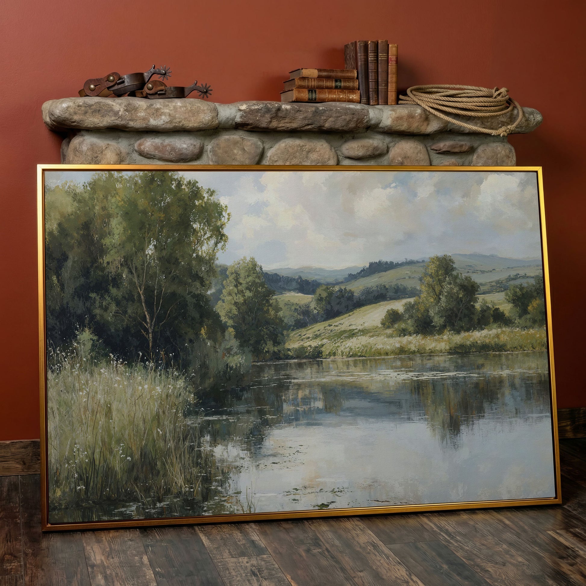 Rolling Hills and Still Water Landscape Canvas Wall Art in antique gold floating frame