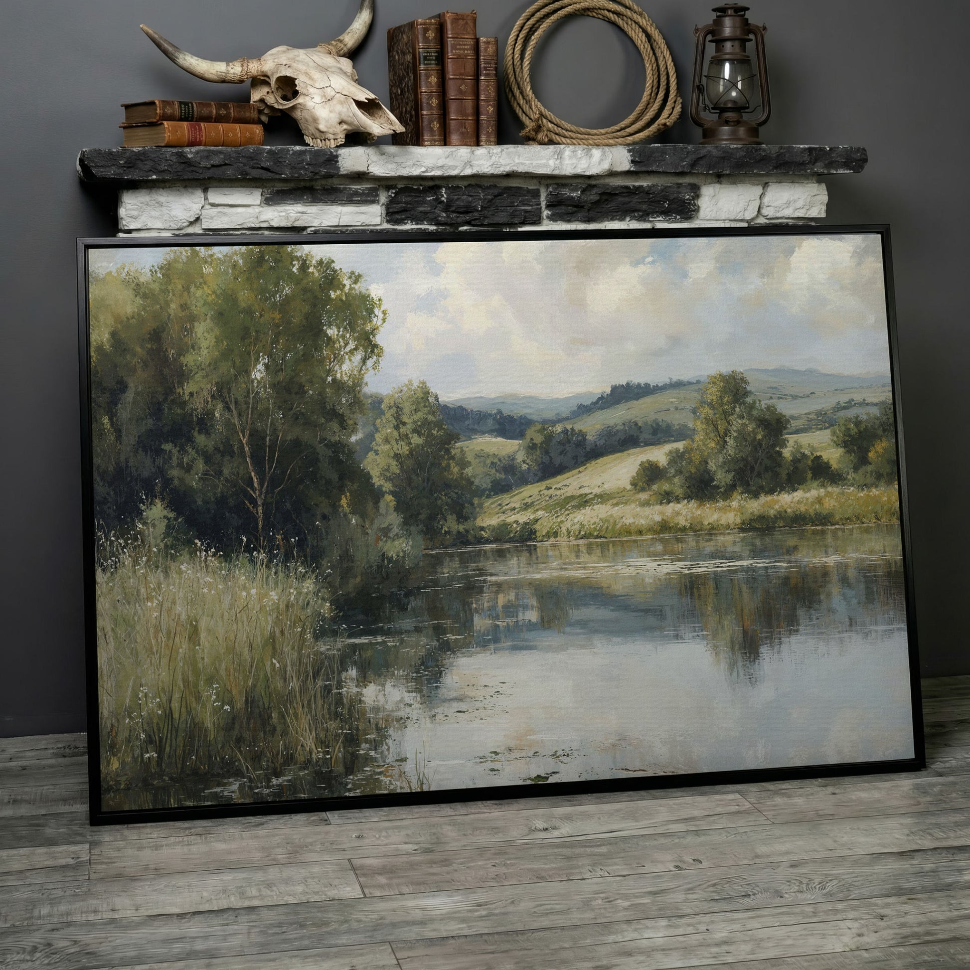 Rolling Hills and Still Water Landscape Canvas Wall Art in black floating frame