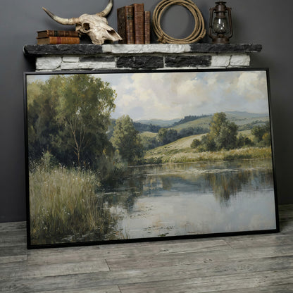 Rolling Hills and Still Water Landscape Canvas Wall Art in black floating frame