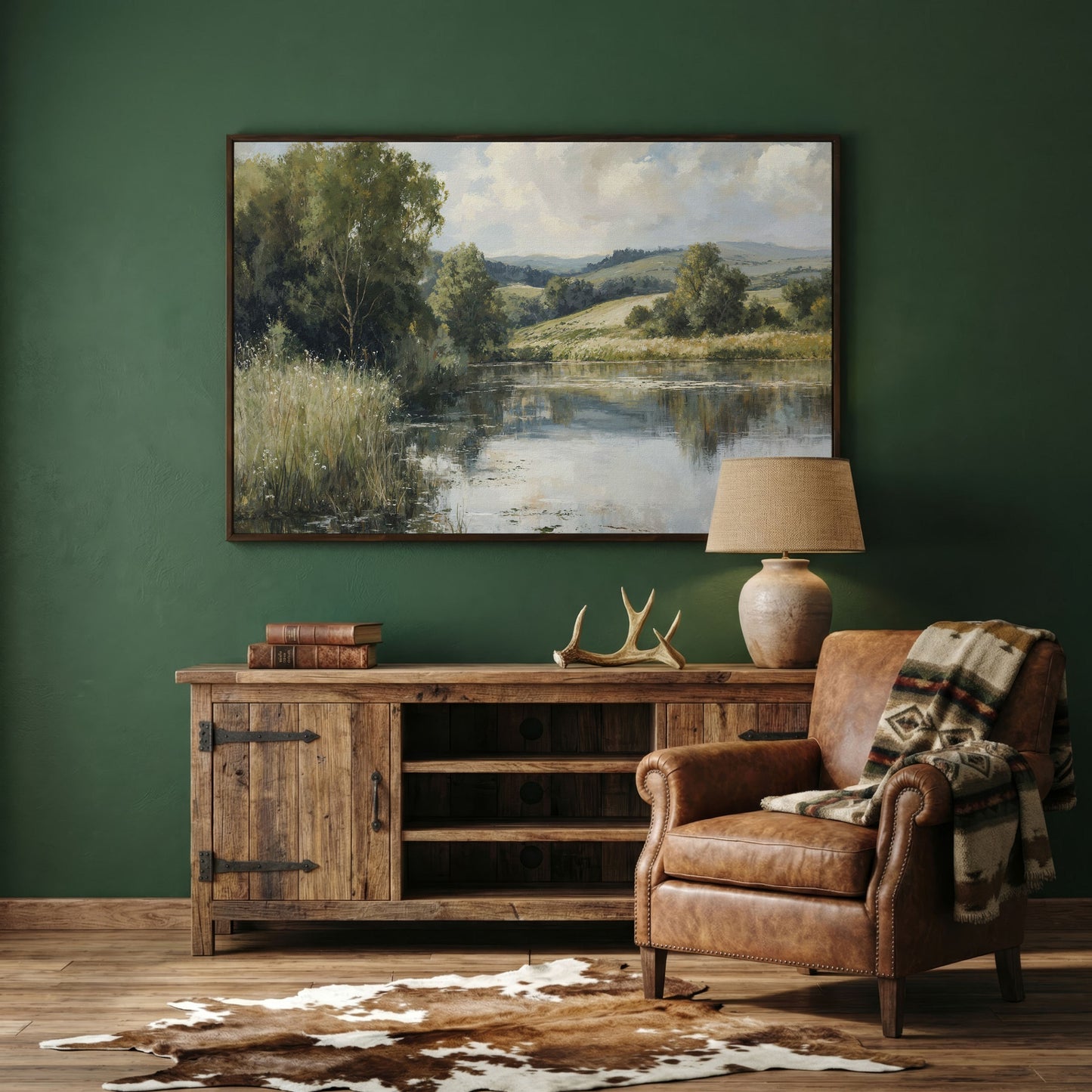 Rolling Hills and Still Water Landscape Canvas Wall Art in dark walnut floating frame