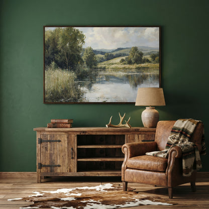 Rolling Hills and Still Water Landscape Canvas Wall Art in dark walnut floating frame