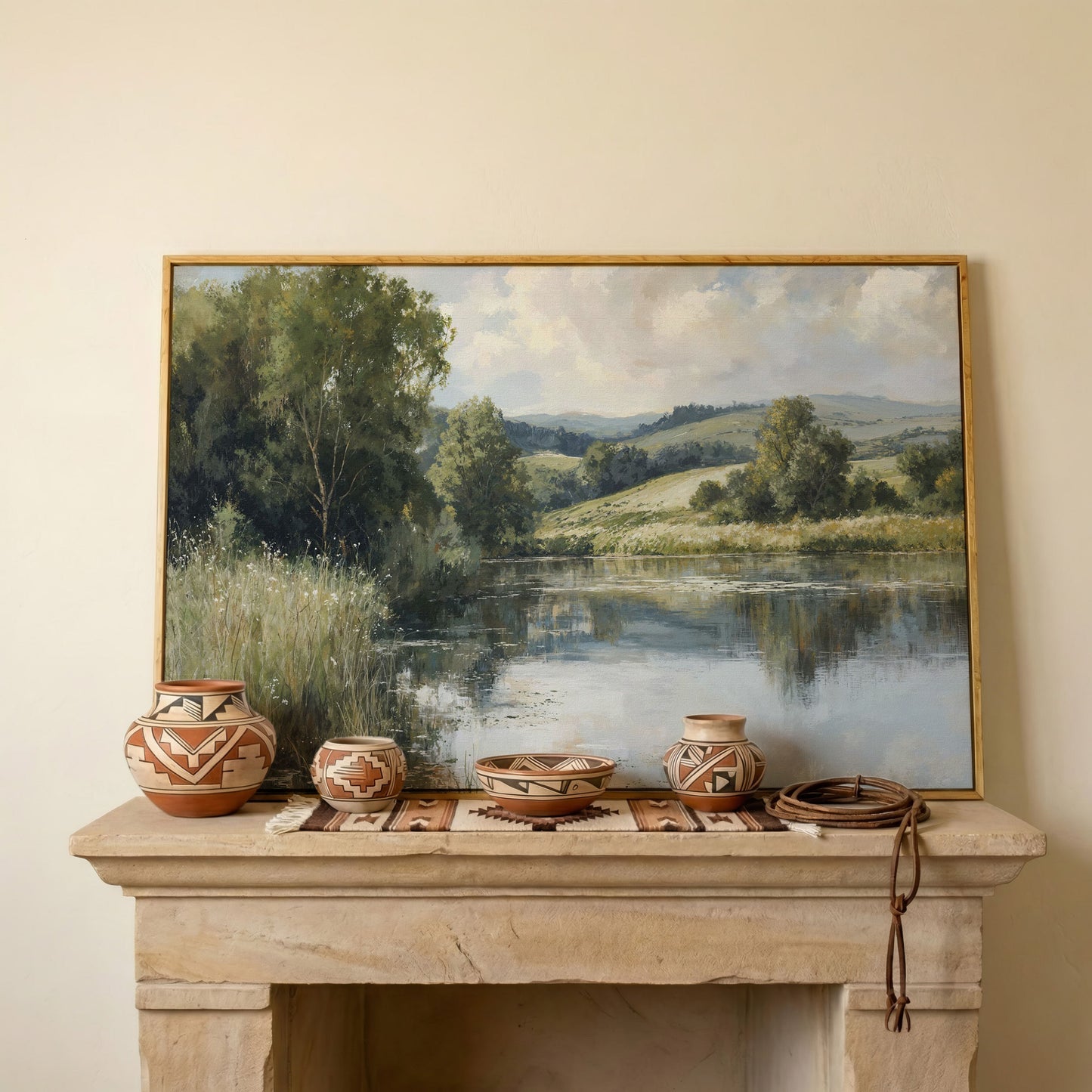 Rolling Hills and Still Water Landscape Canvas Wall Art in white oak floating frame
