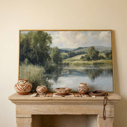 Rolling Hills and Still Water Landscape Canvas Wall Art in white oak floating frame