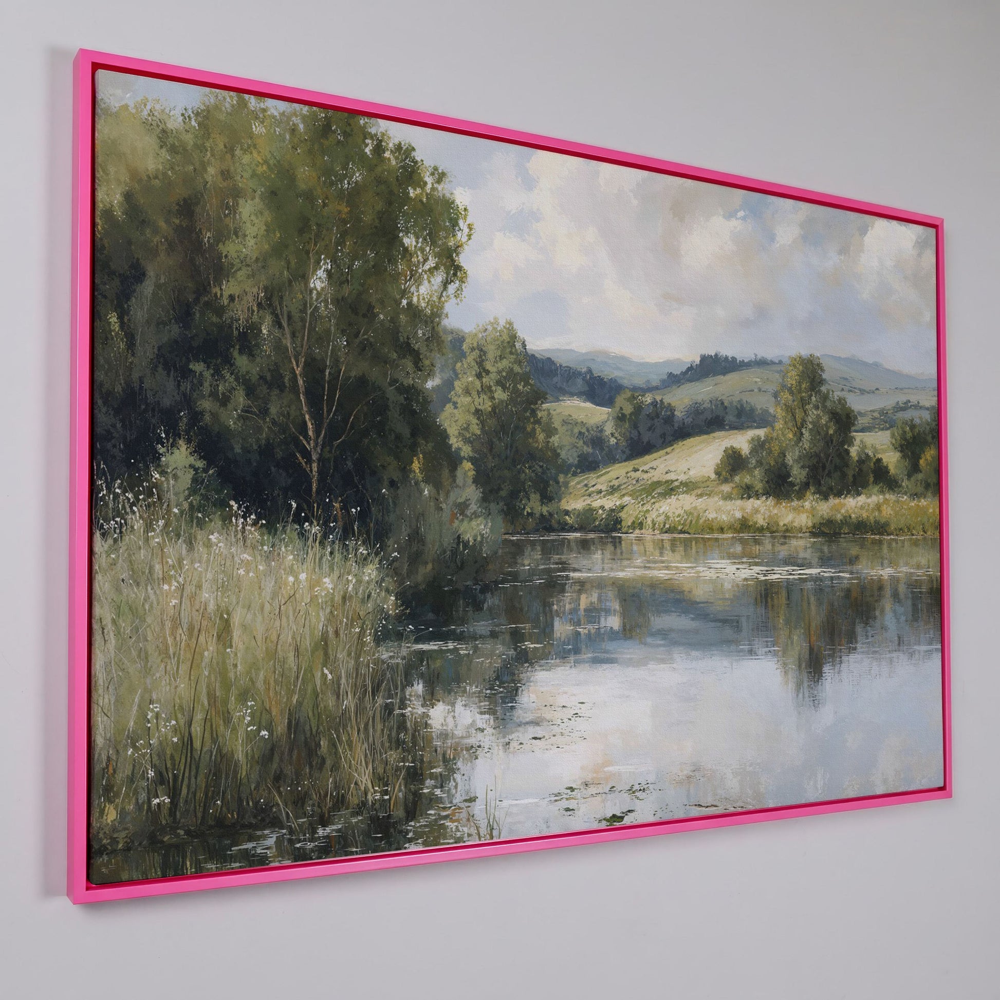 Rolling Hills and Still Water Landscape Canvas Wall Art in pink floating frame