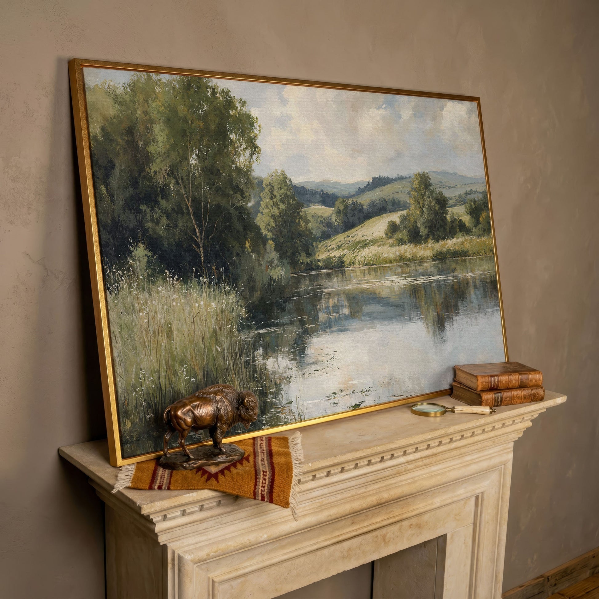 Rolling Hills and Still Water Landscape Canvas Wall Art in rose gold floating frame