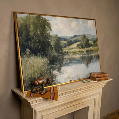 Rolling Hills and Still Water Landscape Canvas Wall Art in rose gold floating frame