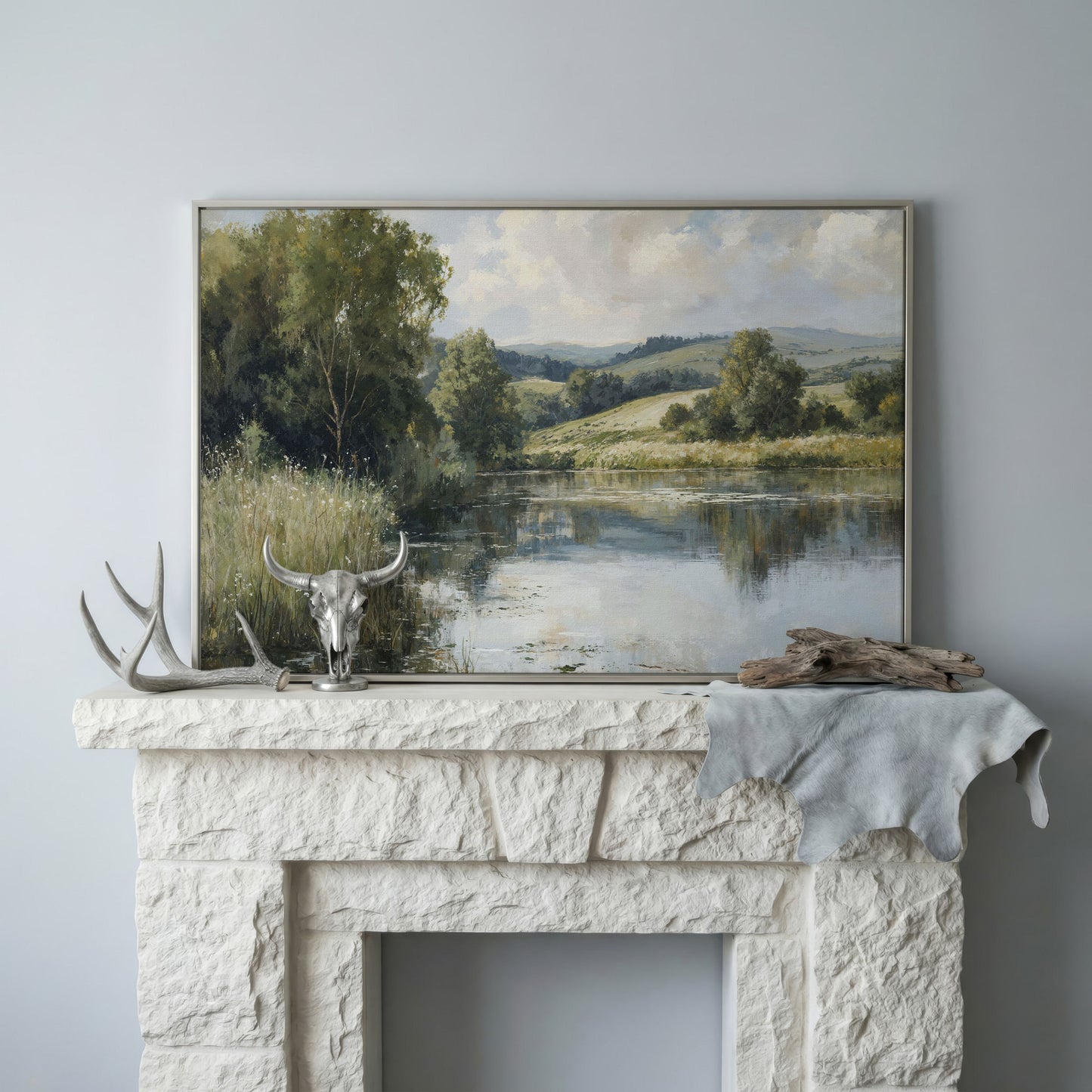 Rolling Hills and Still Water Landscape Canvas Wall Art in silver floating frame