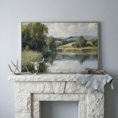 Rolling Hills and Still Water Landscape Canvas Wall Art in silver floating frame