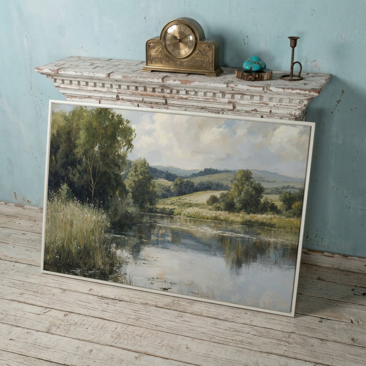 Rolling Hills and Still Water Landscape Canvas Wall Art in white floating frame