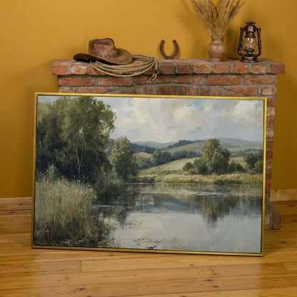 Rolling Hills and Still Water Landscape Canvas Wall Art in yellow gold floating frame