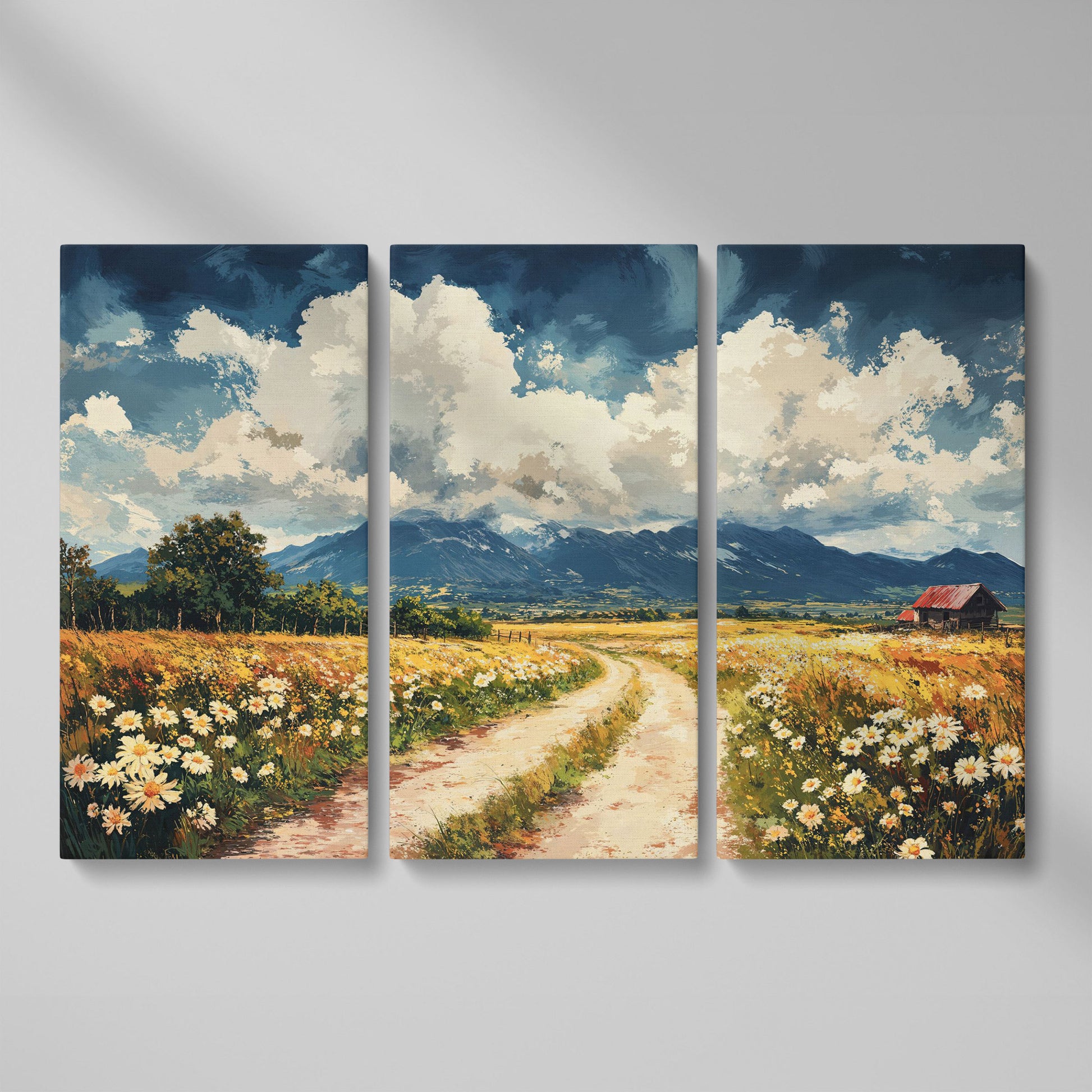 Country Road Through Wildflowers with Barn and Mountain View canvas as 3-panel split version