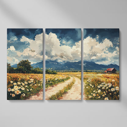 Country Road Through Wildflowers with Barn and Mountain View canvas as 3-panel split version