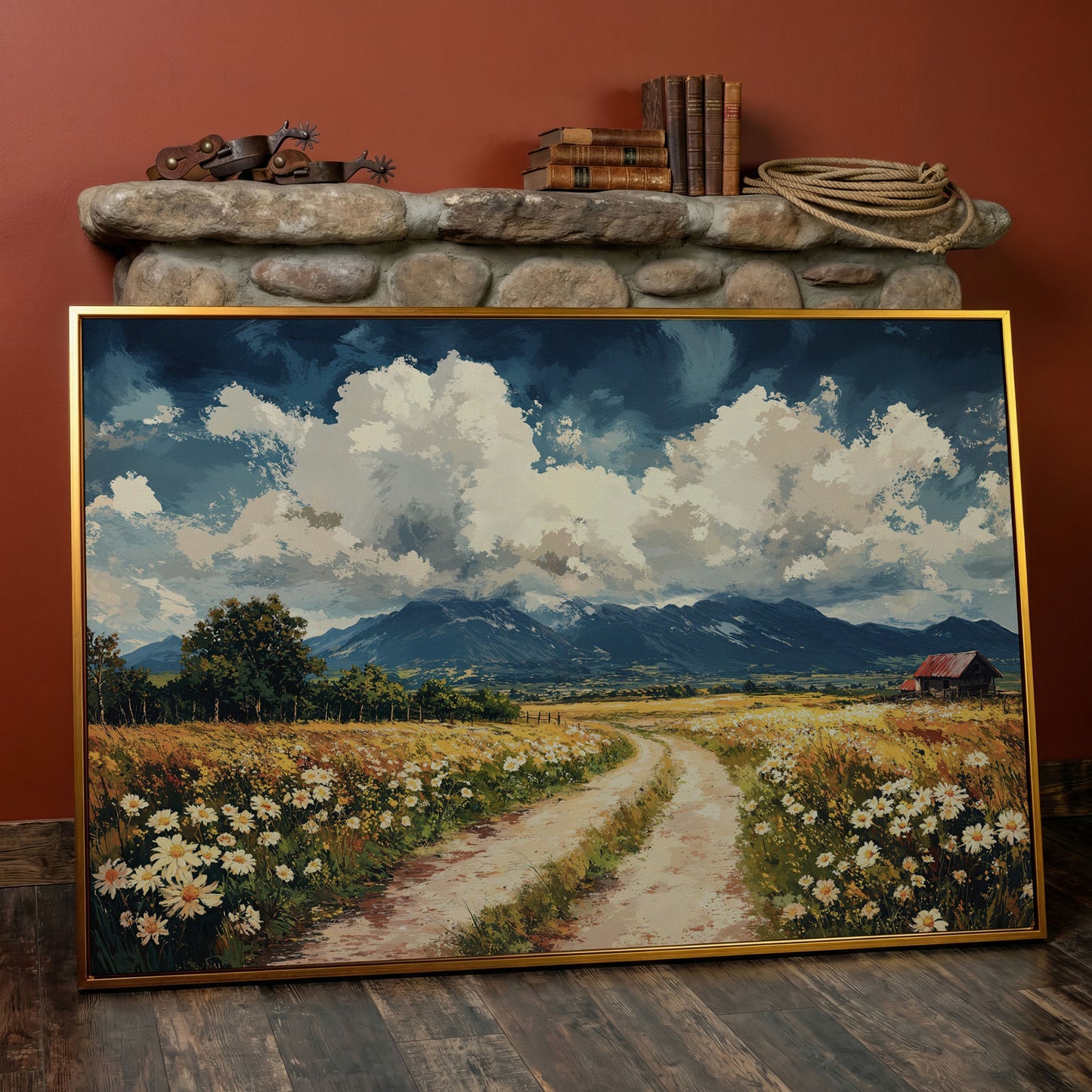 Country Road Through Wildflowers with Barn and Mountain View canvas in antique gold floating frame