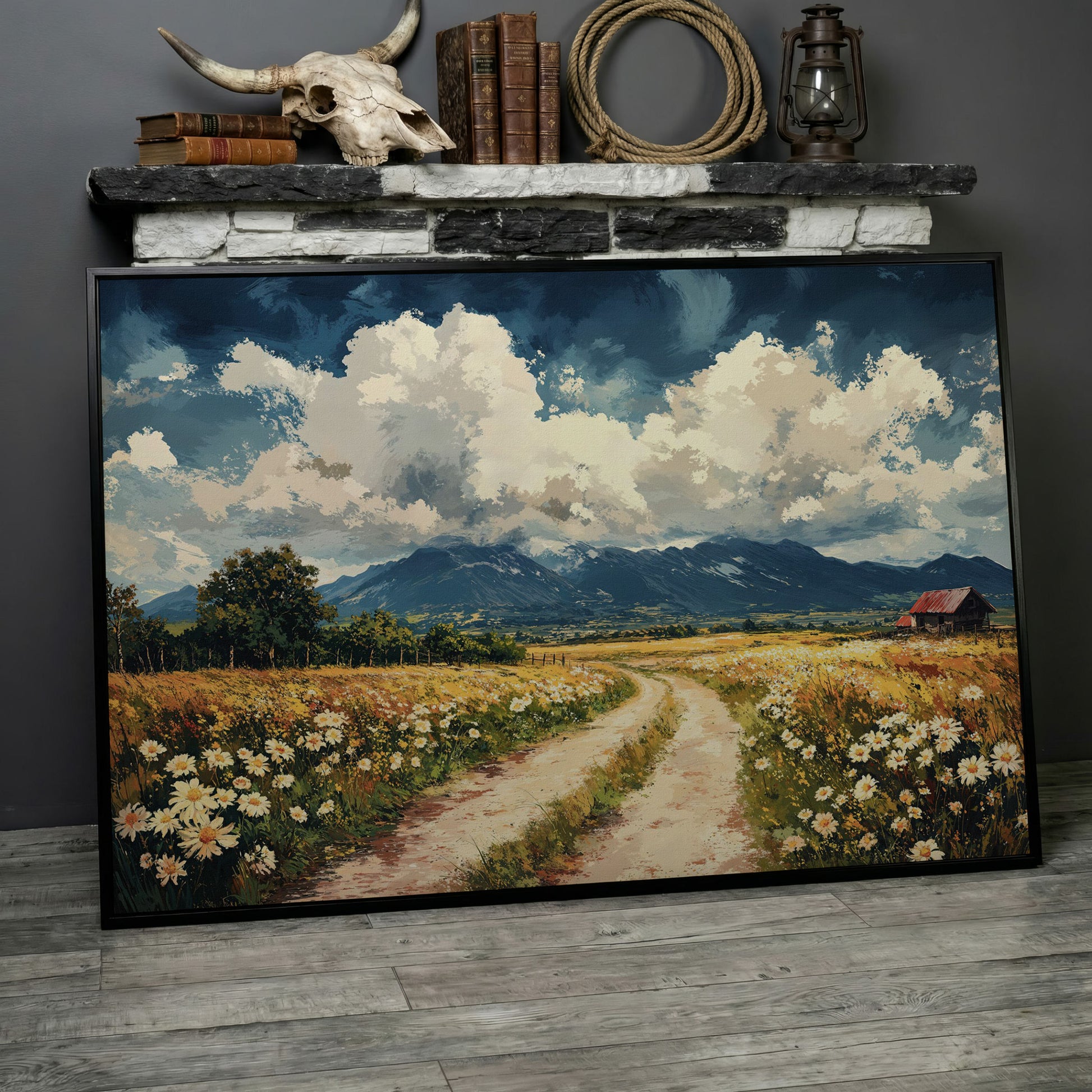 Country Road Through Wildflowers with Barn and Mountain View canvas in black floating frame