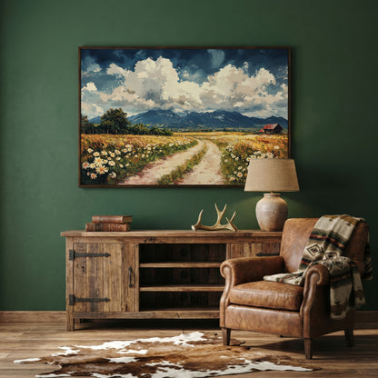 Country Road Through Wildflowers with Barn and Mountain View canvas in dark walnut floating frame