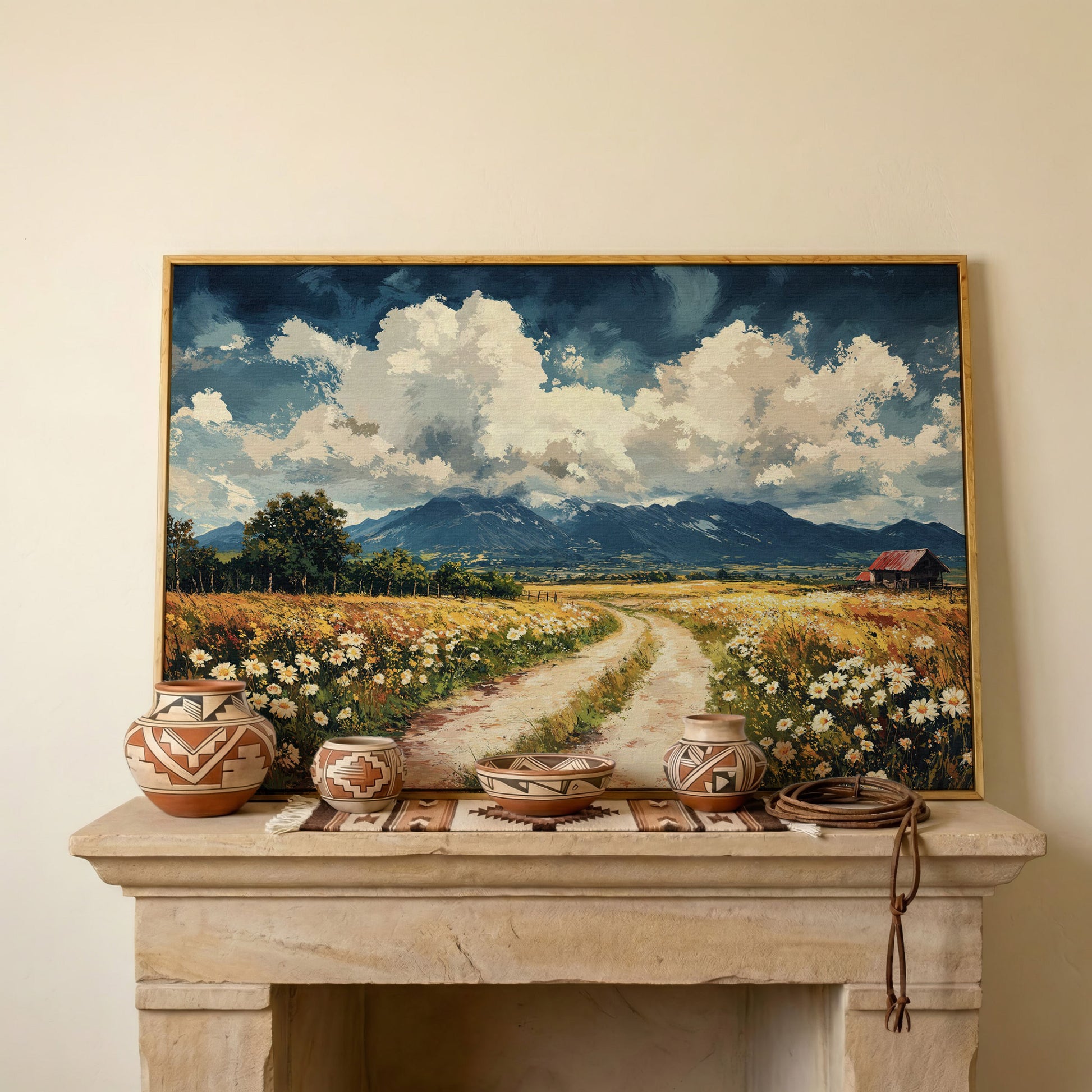 Country Road Through Wildflowers with Barn and Mountain View canvas in white oak floating frame