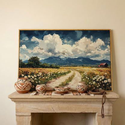 Country Road Through Wildflowers with Barn and Mountain View canvas in white oak floating frame