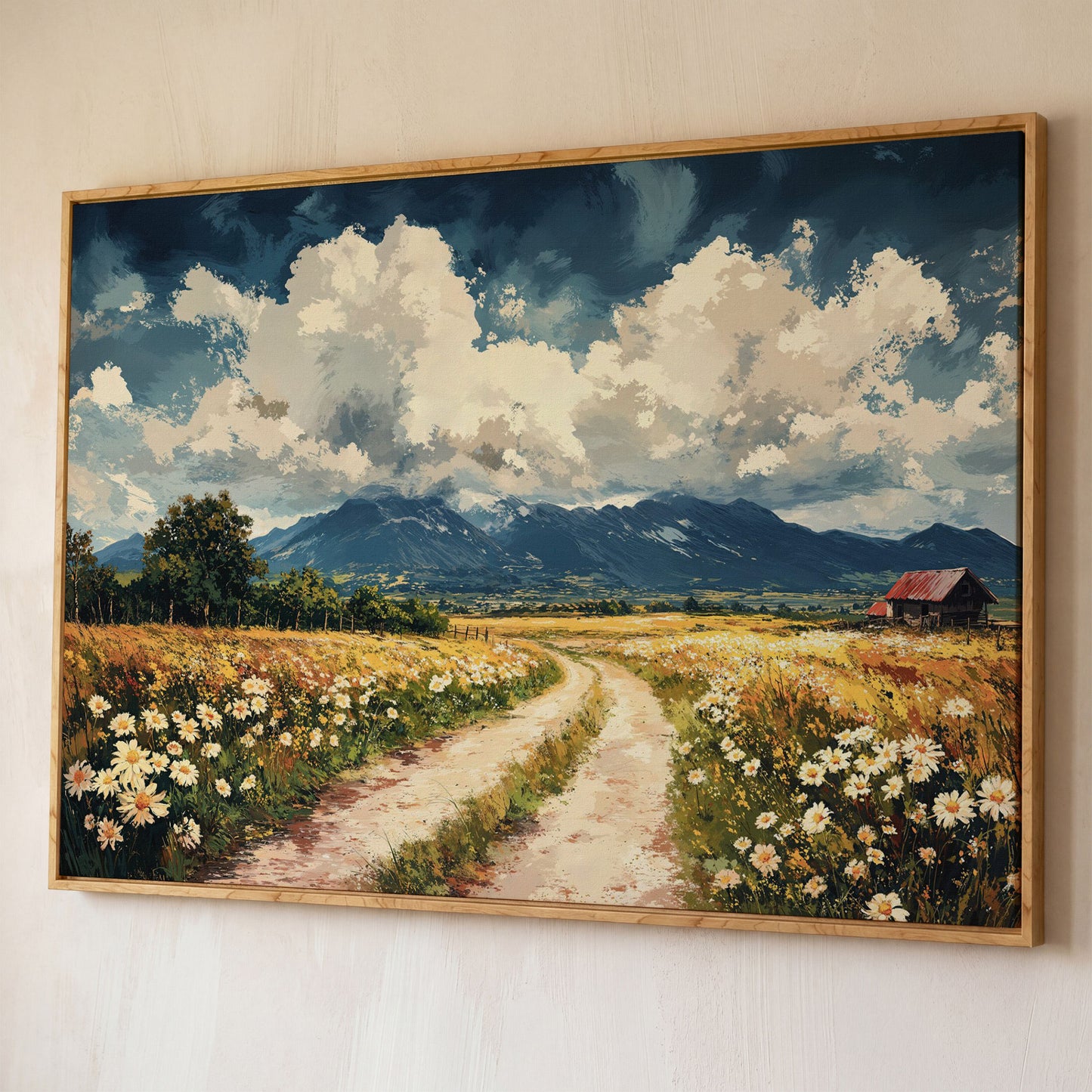 Country Road Through Wildflowers with Barn and Mountain View canvas shown in white oak floating frame