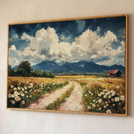 Country Road Through Wildflowers with Barn and Mountain View canvas shown in white oak floating frame