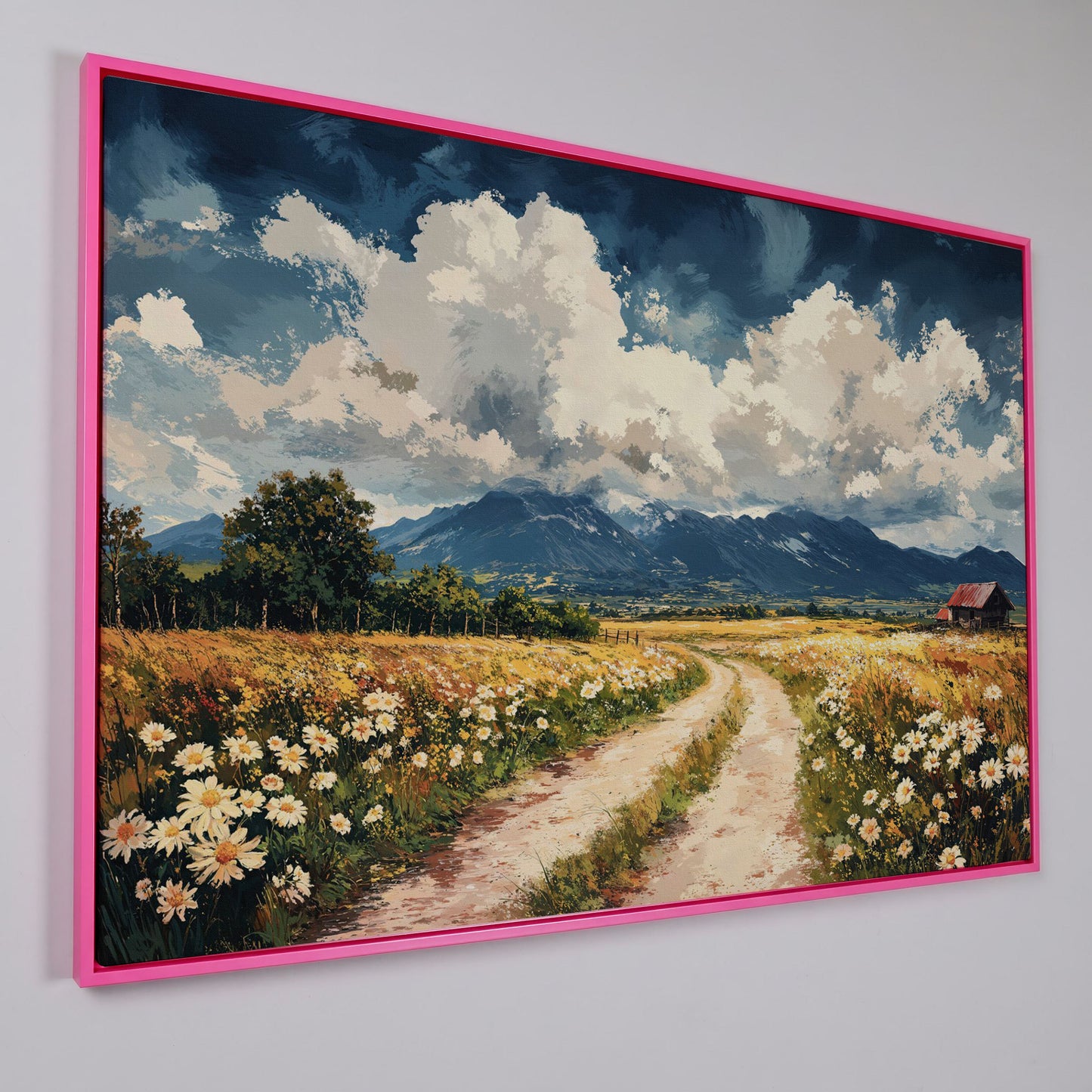 Country Road Through Wildflowers with Barn and Mountain View canvas in pink floating frame