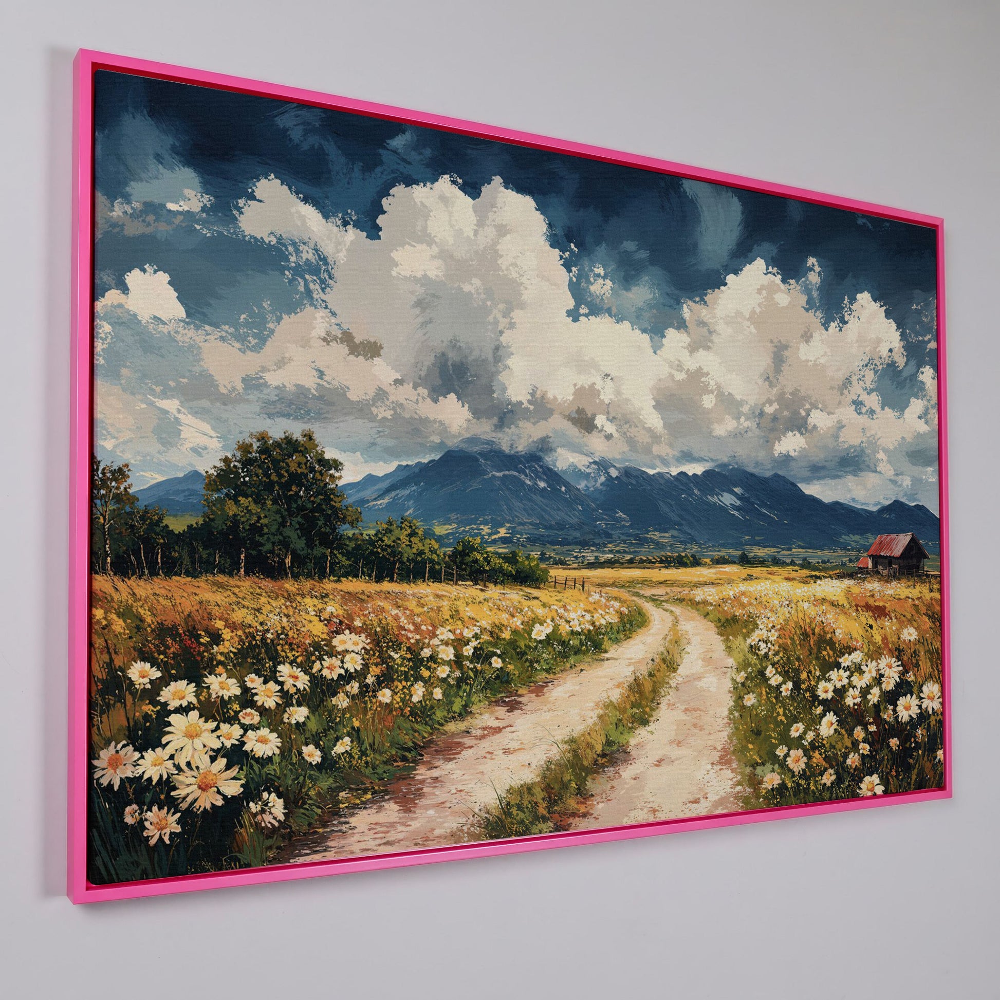 Country Road Through Wildflowers with Barn and Mountain View canvas in pink floating frame