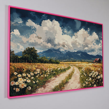 Country Road Through Wildflowers with Barn and Mountain View canvas in pink floating frame