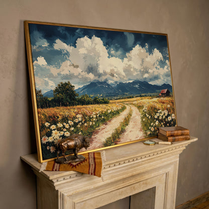 Country Road Through Wildflowers with Barn and Mountain View canvas in rose gold floating frame